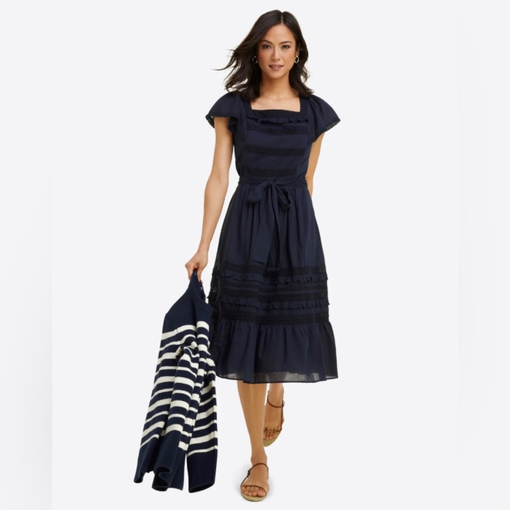 Draper James Tie Waist Tiered Ruffle Peasant Dress In Navy Embroidered Stripe